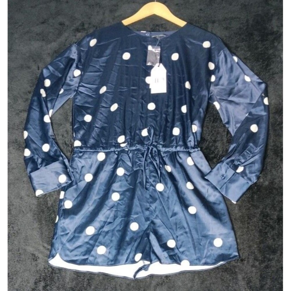 NWT! English Factory Poka Dot Long Sleeve Satin Romper L Navy Blue White Retro
